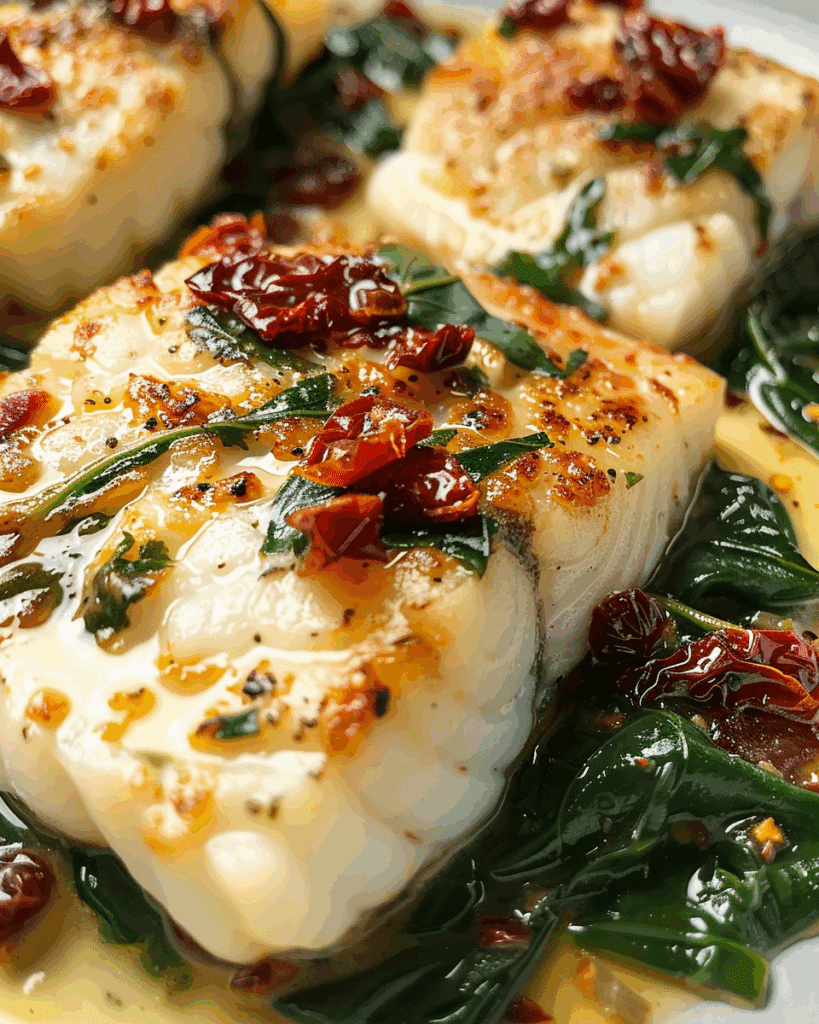 Creamy Keto Tuscan Cod with Spinach and Sun-Dried Tomatoes