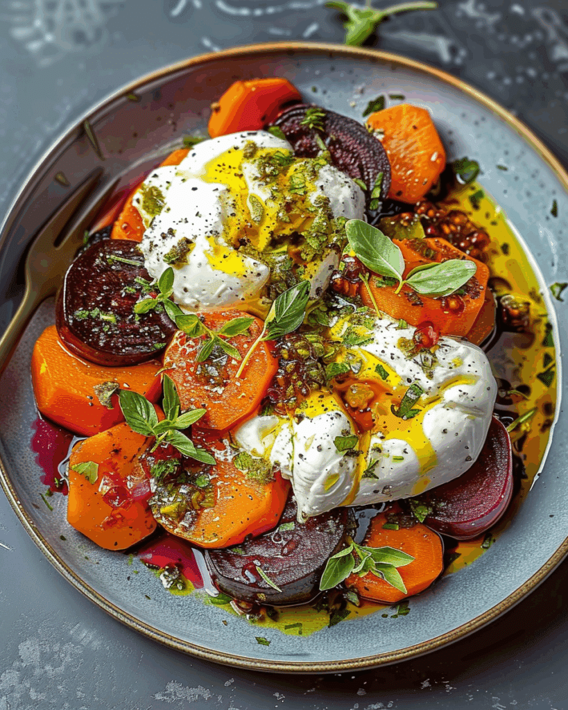 Delicious Roasted Beet and Carrot with Creamy Burrata Salad