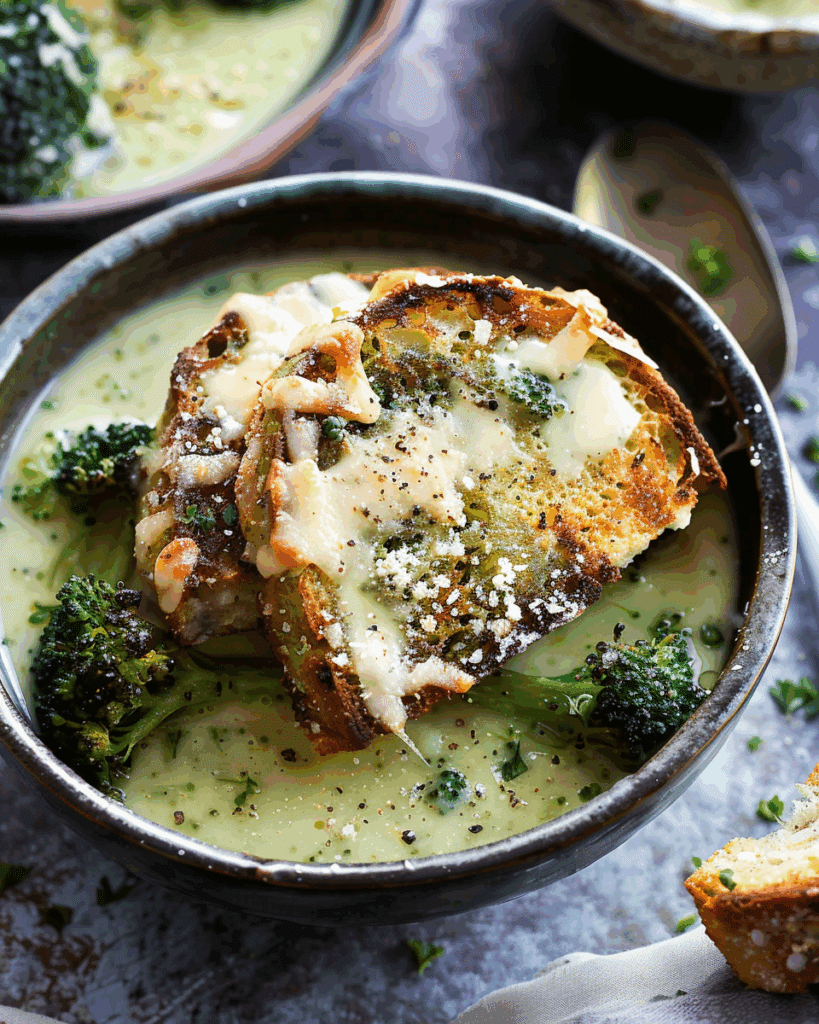 Roasted Broccoli Soup with Melted Cheddar Croutons