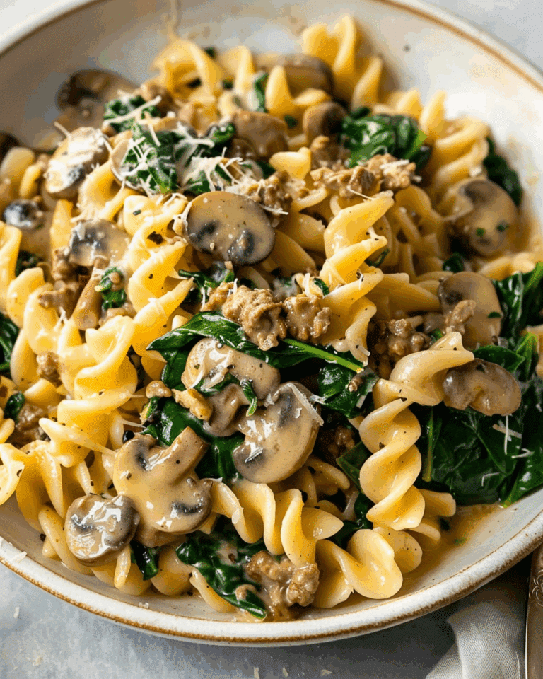 One Pot Cheesy Mushroom Spinach Beef Pasta