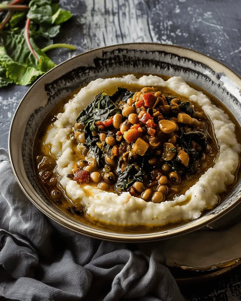 Black Eyed Peas Recipe with Swiss Chard Over Mashed Cauliflower