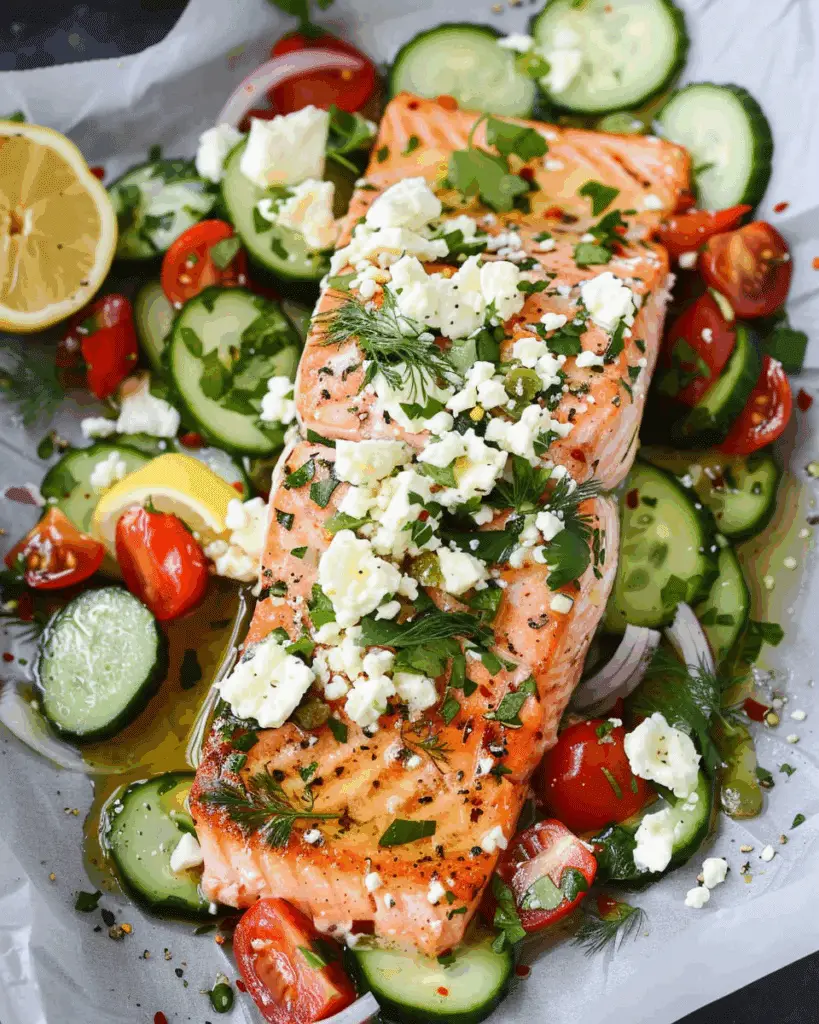 Baked Greek Salmon with Feta and Cucumber Salad