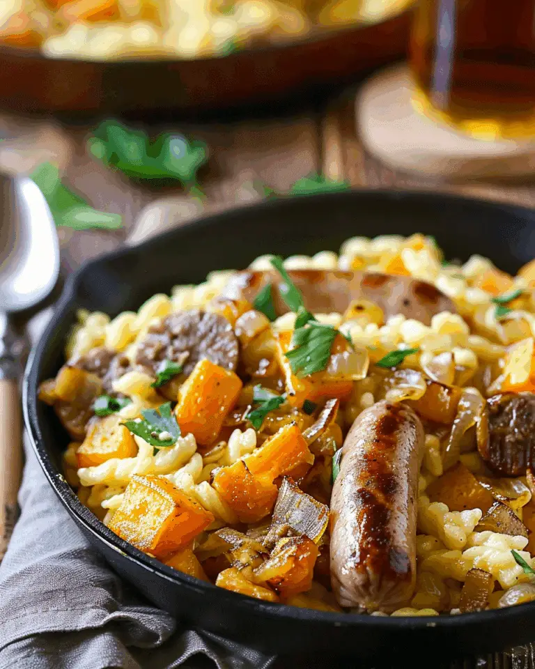 Spaetzle with Bratwurst, Sweet Potatoes and Caramelized Onions