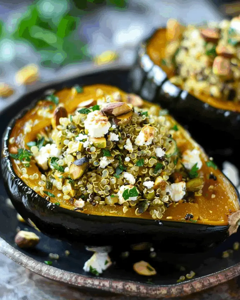 Stuffed Acorn Squash with Quinoa, Feta, and Pistachios
