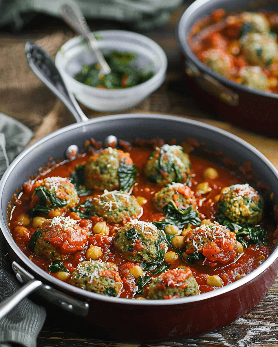 Chickpea Meatballs with Spinach in Spicy Tomato Sauce