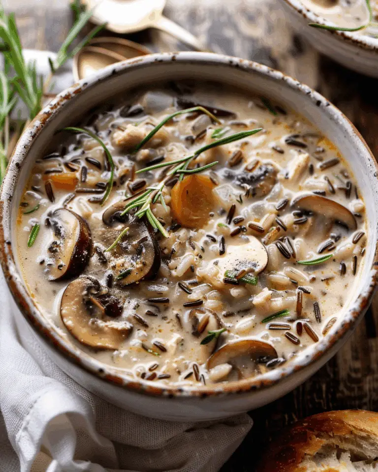 Creamy Wild Rice Chicken Soup with Roasted Mushrooms