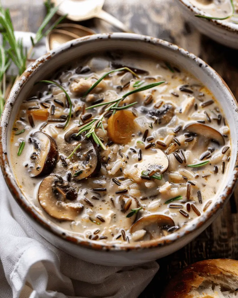 Creamy Wild Rice Chicken Soup with Roasted Mushrooms