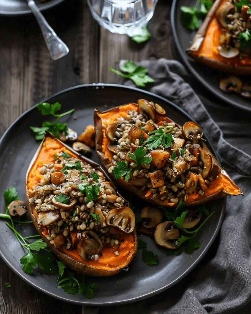 Stuffed Sweet Potatoes with Farro and Mushrooms