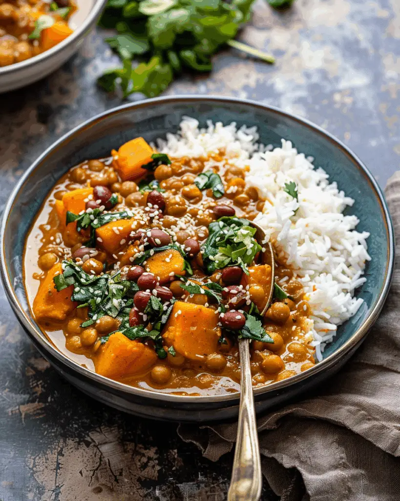 Sweet Potato Lentil Curry with Crispy Sesame Chickpeas