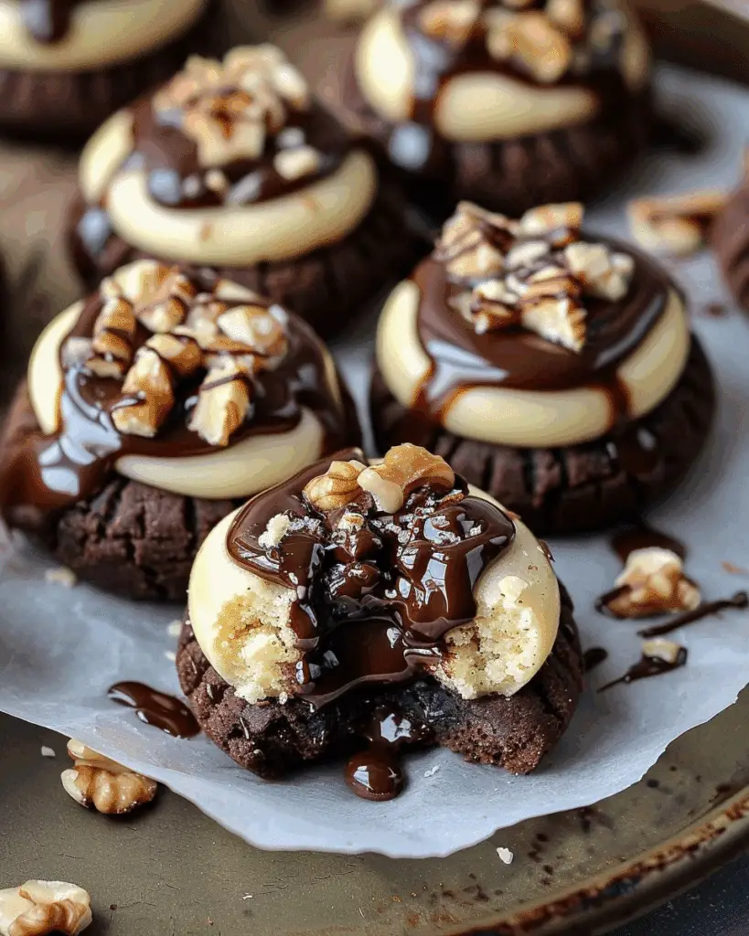 Cheesecake Filled Chocolate Walnut Thumbprint Cookies