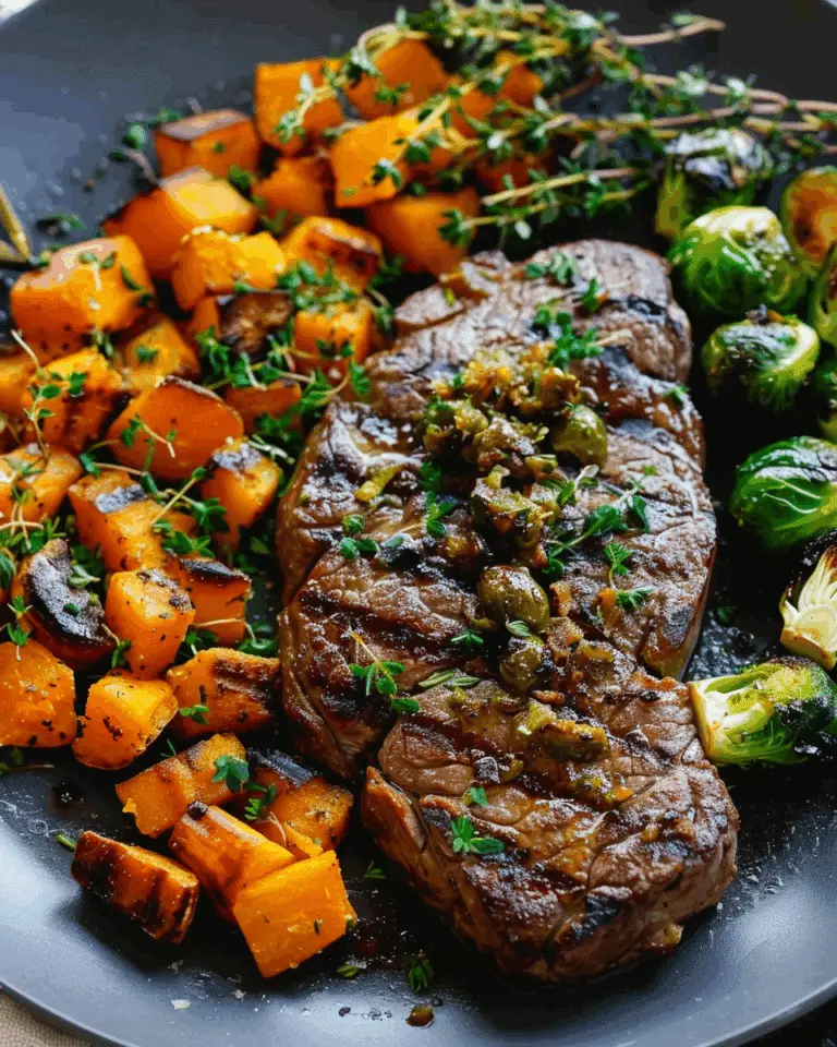 Garlic Butter Steak with Brussels Sprouts and Butternut Squash