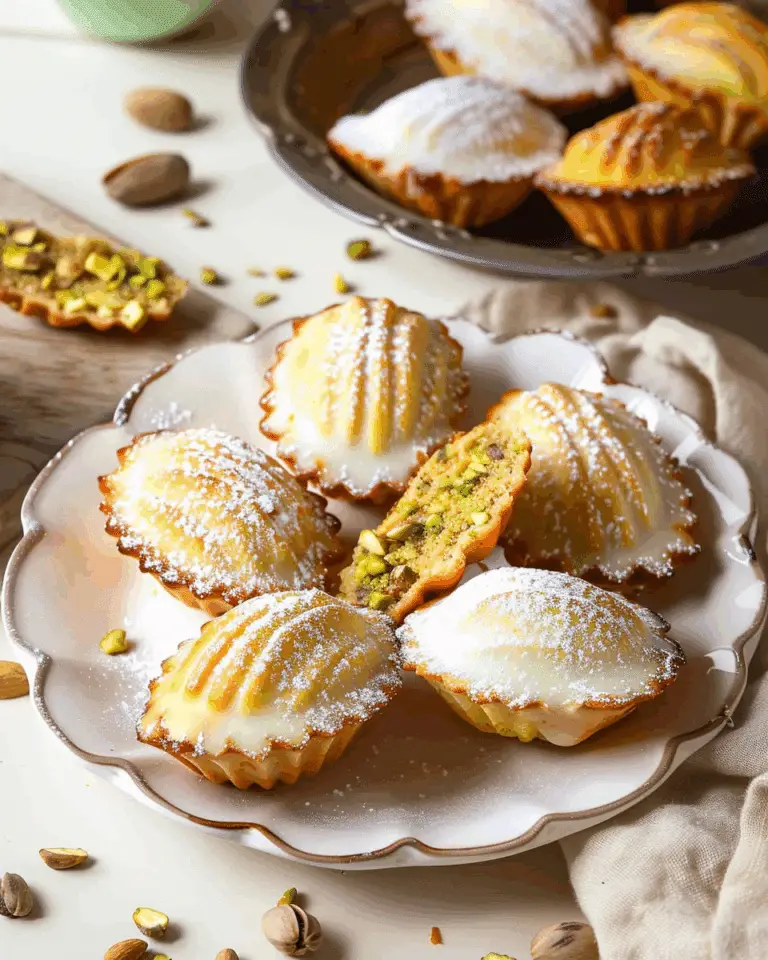 Pistachio Madeleines with White Chocolate Shell