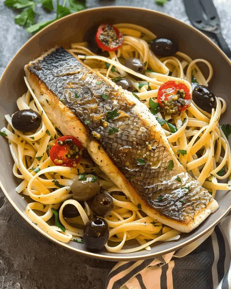 Pan Fried Sea Bass with Olive Linguine