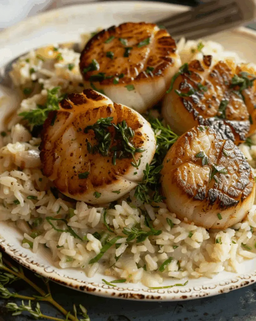 Sage Butter Seared Scallops with Creamy Brie & Roasted Garlic Basmati