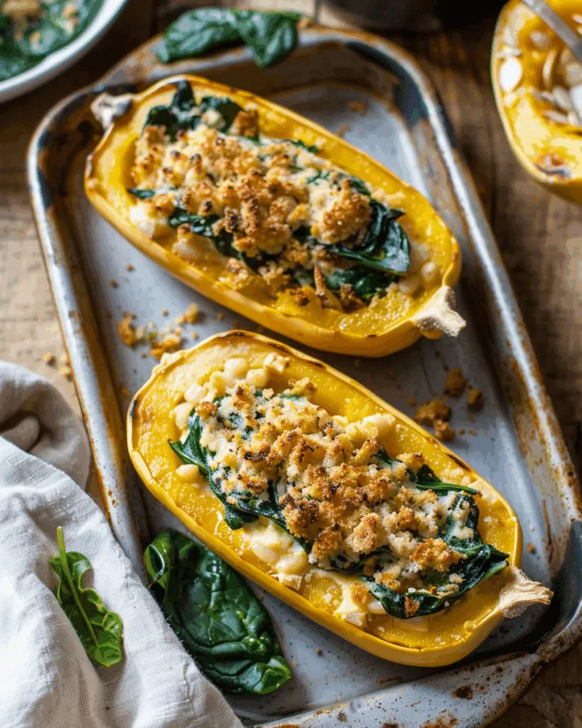Vegan Creamed Spinach & White Bean Stuffed Delicata Squash