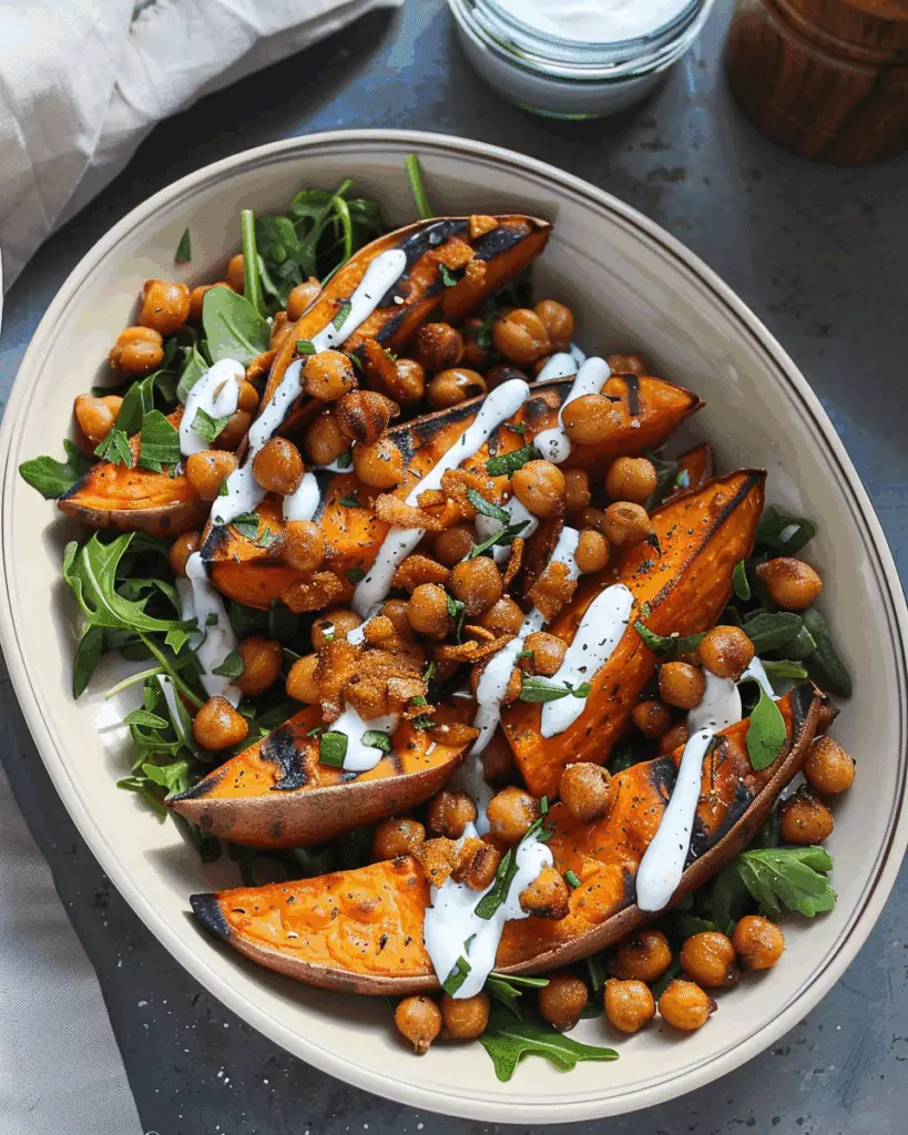Oven-Roasted Sweet Potatoes with Crispy Chickpeas and Yogurt Sauce