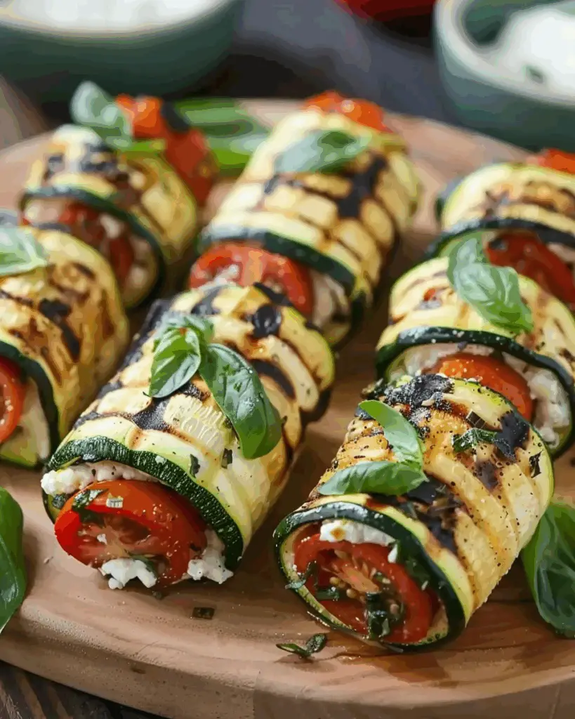 Grilled Zucchini Roll Ups with Ricotta & Tomato