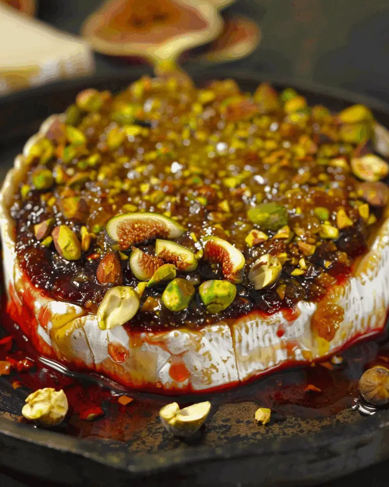 Baked Brie Cheese with Orange Fig Spread and Toasted Pistachios