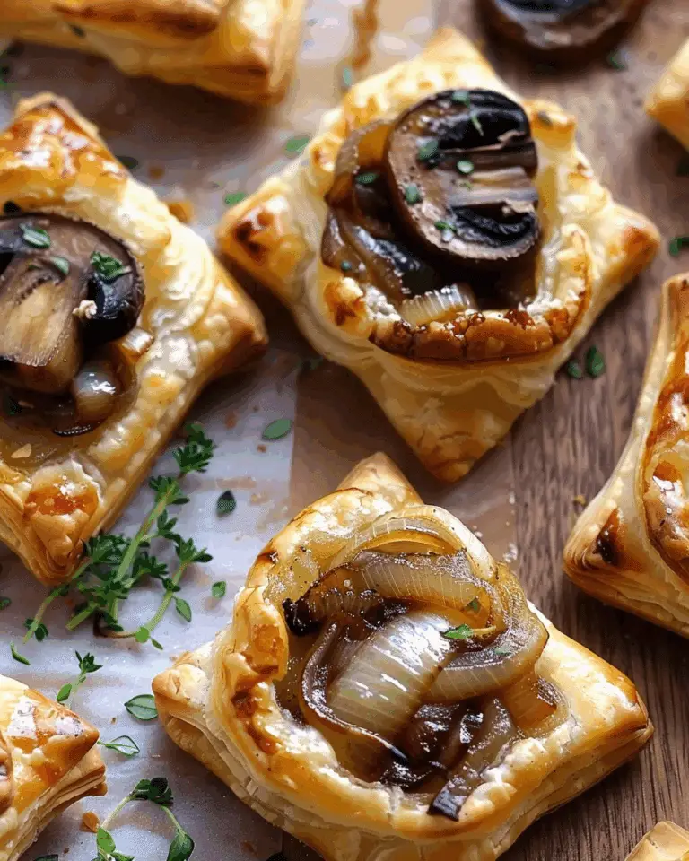 Caramelized Onion Puff Pastry Bites with Gruyere and Mushrooms