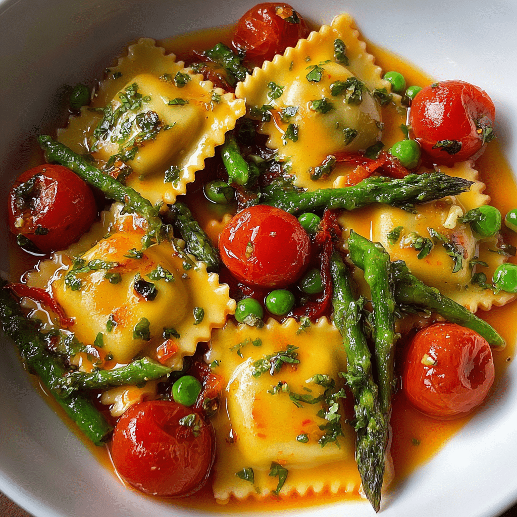 Ravioli with Tomatoes, Asparagus, Garlic, and Herbs