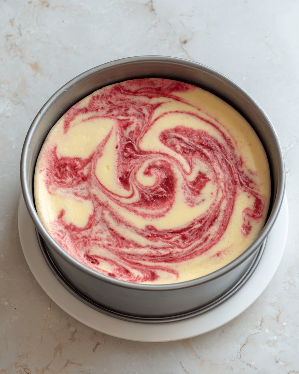 A round springform pan filled with a creamy, light yellow batter base, topped with red swirls creating a marbled effect evenly spread across the surface. The pan is placed on a white round plate on a white marbled surface background. The marbled pattern shows soft, smooth, and slightly glossy textures. Photo taken with an iphone --ar 4:5 --v 7