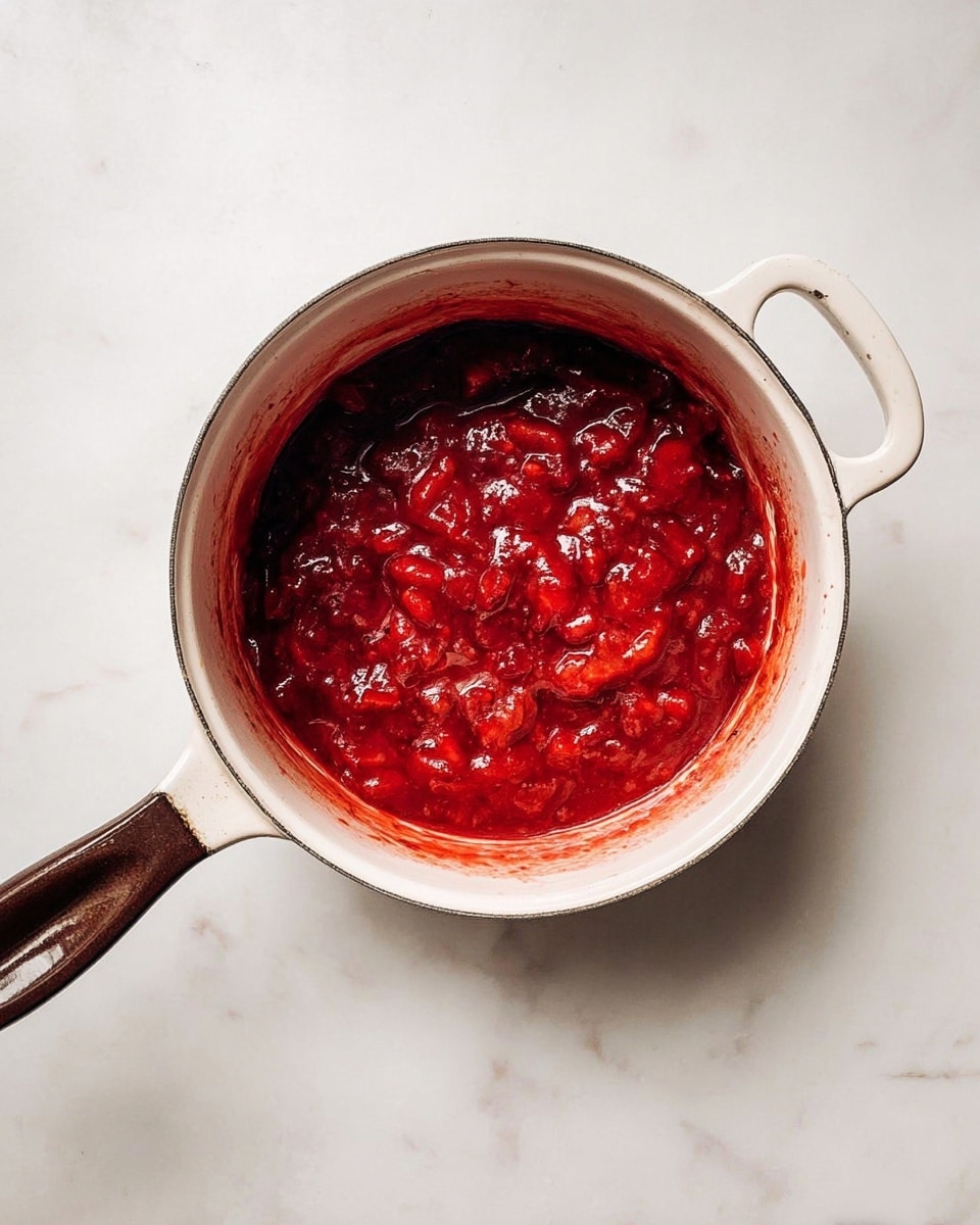 A round tart with a thick, crumbly brown crust that forms the base and edges, holding a glossy, deep red fruit filling with visible chunks and a slightly uneven surface texture on top. The tart is placed on a silver tray with a decorative pattern on its edges, which rests on a white marbled surface. The tart is the main focus of the image, viewed from above, showing the smooth inner edge of the crust and the shiny, textured fruit filling in the center photo taken with an iphone --ar 4:5 --v 7