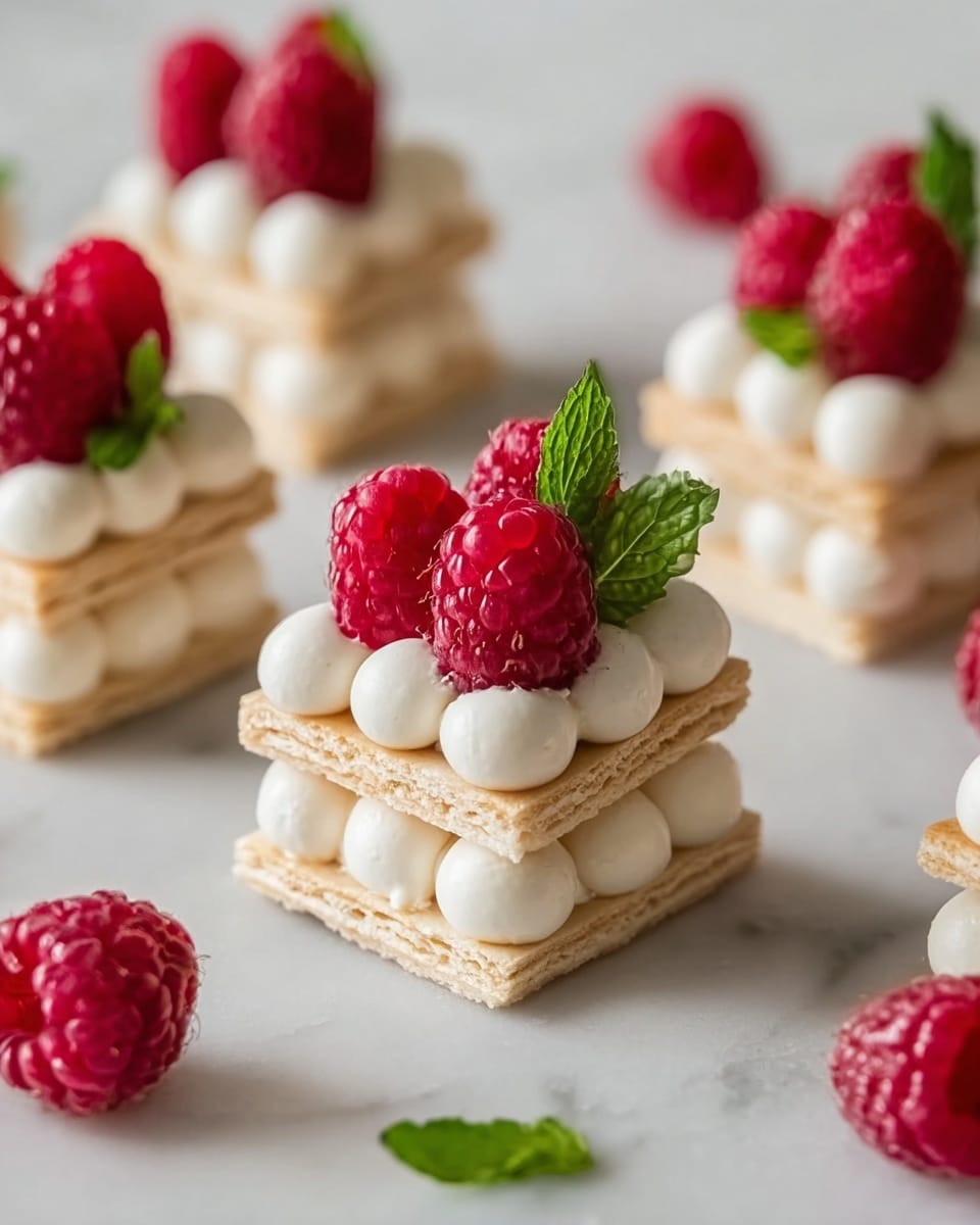 There is a stack of four thin, square, light golden crepes placed in the center on a white marbled surface, topped with a small bunch of fresh green mint leaves. Around the crepes are five small white bowls: one filled with fresh red raspberries, one with white powdered sugar, one with a light tan powder, one with crushed pale nuts or seeds, and one with creamy white yogurt or cream. A few loose mint leaves are scattered softly around the bowls and crepes, adding small touches of green. The lighting is soft and natural, highlighting the textures and colors clearly. Photo taken with an iphone --ar 4:5 --v 7