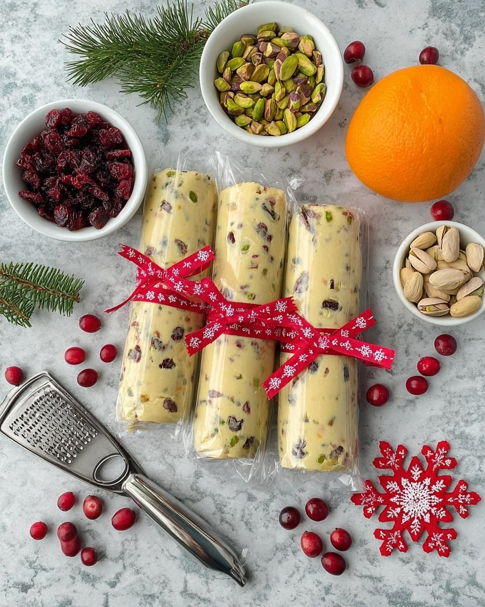 Three pale yellow logs of cookie dough with visible bits of red cranberries and green pistachios are wrapped in clear plastic and tied at both ends with red ribbons decorated with white snowflakes. The logs are placed on a light gray surface with a white marbled texture. Around them are scattered bright red cranberries and pistachio shells. Near the dough are two small white bowls, one filled with green pistachios and the other with dark red dried cranberries. There are two whole oranges, one fully peeled with bright orange skin texture, and a metal grater with a black handle. A sprig of green pine and a red felt snowflake decoration add a festive touch to the scene. Photo taken with an iphone --ar 4:5 --v 7
