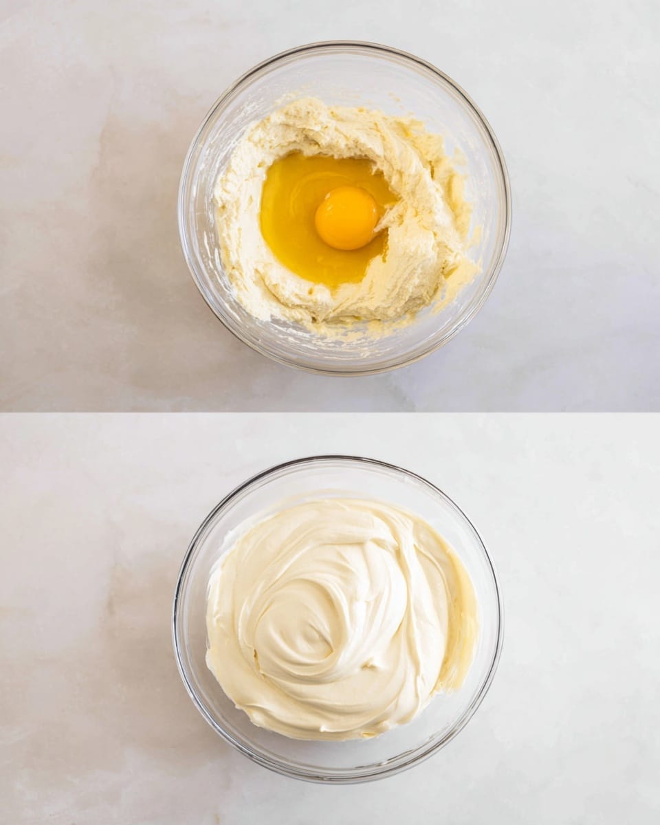 The image shows four steps of making a carrot cake batter on a white marbled surface with whole carrots nearby. The first frame has a clear glass bowl with grated orange carrots, two raw eggs, and other ingredients inside. The second frame shows the same bowl with a thick, creamy light orange batter mixed evenly. The third frame reveals a round baking pan with a smooth layer of the orange batter spread inside. The fourth frame displays the same pan with a thick white creamy layer spread as the base and a lighter orange batter swirled on top in a marbled pattern. Photo taken with an iphone --ar 4:5 --v 7