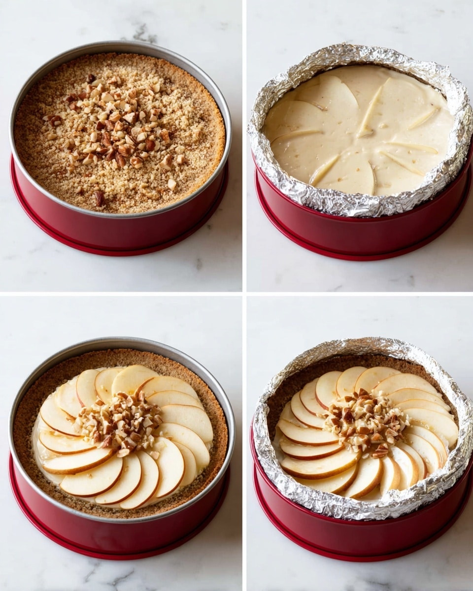 A round dessert with four layers shown in sequence: first, a golden brown crumb crust forms the base inside a red springform pan on a white marbled surface; second, a creamy pale beige filling is poured on top, smooth and thick; third, thin pale beige apple slices arranged in a fan shape cover the filling, with a few slices stacked in the center, sprinkled with chopped nuts; fourth, the same dessert wrapped around the pan's outer edge with silver foil, the apple slices and nuts still visible on top. photo taken with an iphone --ar 4:5 --v 7