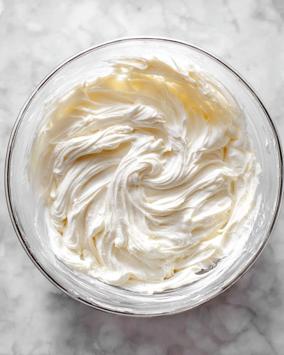 A clear glass bowl containing one thick layer of smooth, creamy white frosting with soft swirls and ridges showing a fluffy, whipped texture, sitting on a white marbled surface. photo taken with an iphone --ar 4:5 --v 7