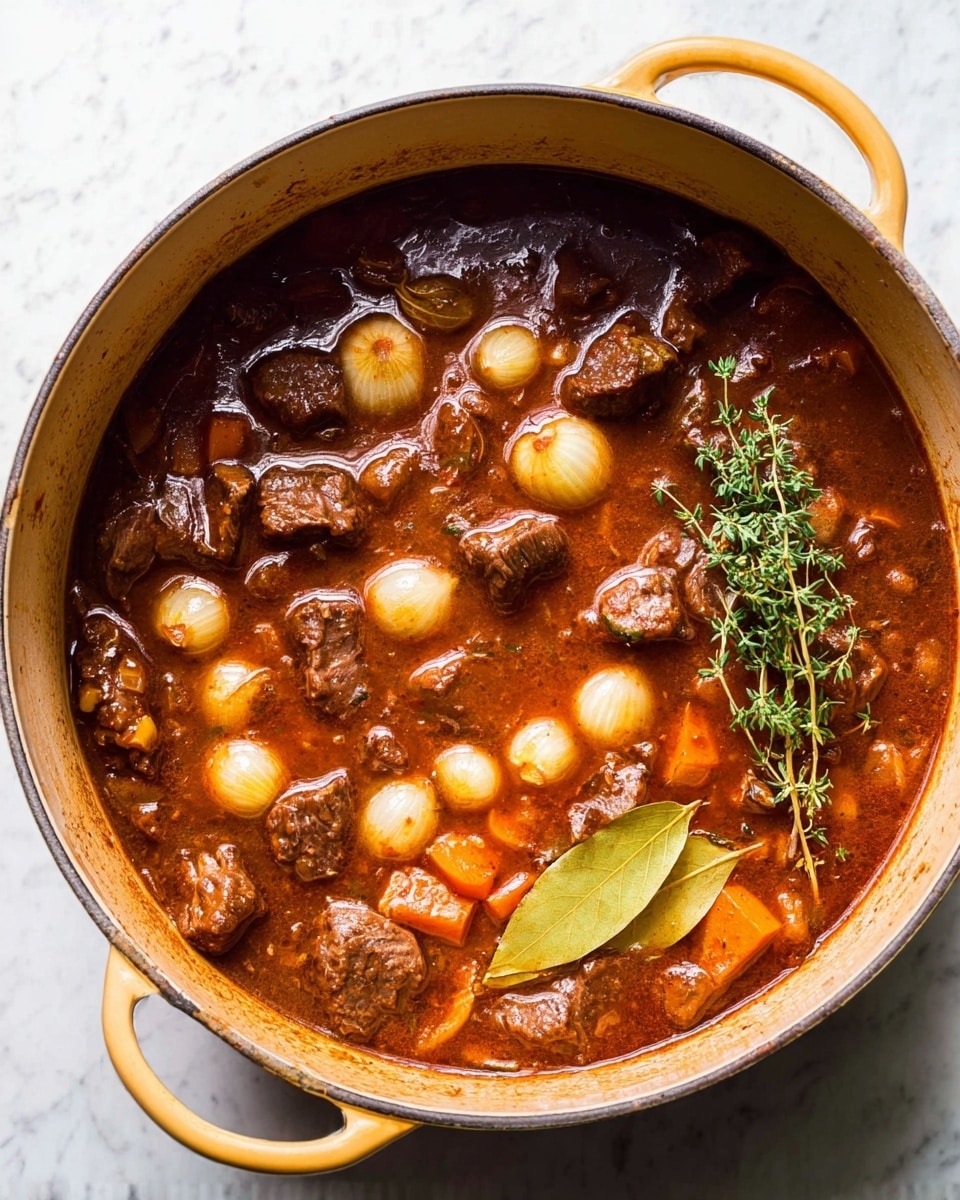 A top view of a large round yellow pot filled with rich brown stew. The stew has many layers of ingredients: dark brown chunks of meat scattered throughout, small round white onions floating all over, and orange carrot pieces adding color underneath. Two light brown bay leaves and a sprig of green thyme rest on the right side near the edge. The pot sits on a white marbled surface with soft light reflecting off the stew’s glossy texture. photo taken with an iphone --ar 4:5 --v 7