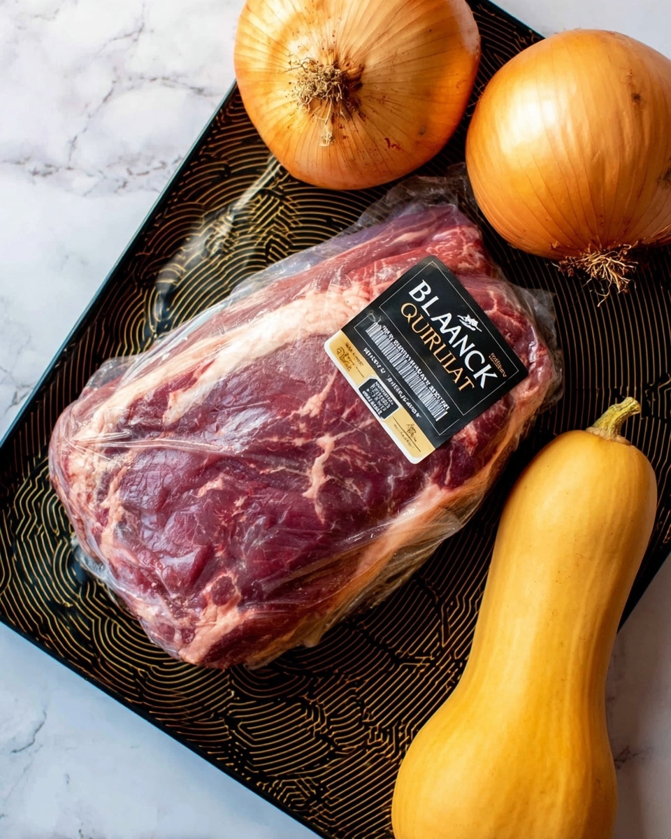 A raw chuck roast wrapped in clear plastic with a label that reads