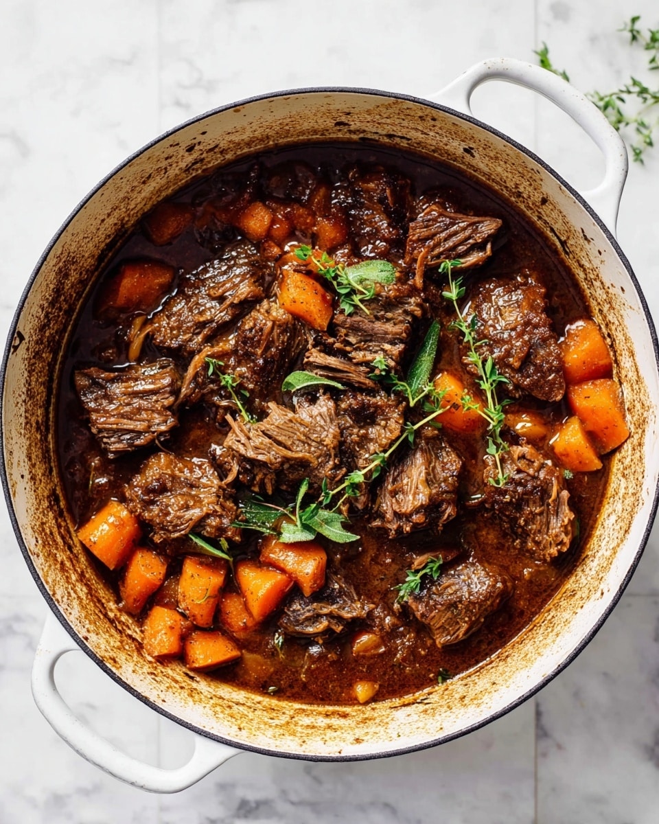 A white plate on a white marbled surface holds three main layers: on the right side, there is a light, fluffy pile of seasoned cauliflower rice with green herb bits mixed throughout; on the top center and left, there is a rich, dark brown shredded meat that looks tender and juicy; next to the meat are large orange chunks of cooked squash, soft and slightly glossy with a few herbs sprinkled on top. The dish is lightly sprinkled with black pepper and small green herb leaves are placed around the plate for decoration. Photo taken with an iphone --ar 4:5 --v 7