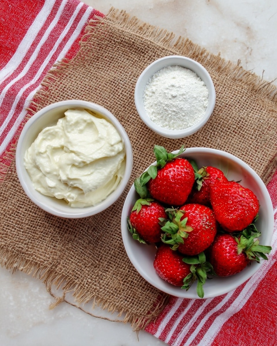 A white bowl filled with fresh, red strawberries with green leaves on top is placed on the right side. Below and to the left is another white bowl holding a creamy white mixture with a smooth and soft texture. Above this bowl, a smaller white dish contains a fine white powder. All bowls rest on a piece of brown woven burlap fabric, which is on top of a red and white striped cloth that lies on a white marbled surface. photo taken with an iphone --ar 4:5 --v 7
