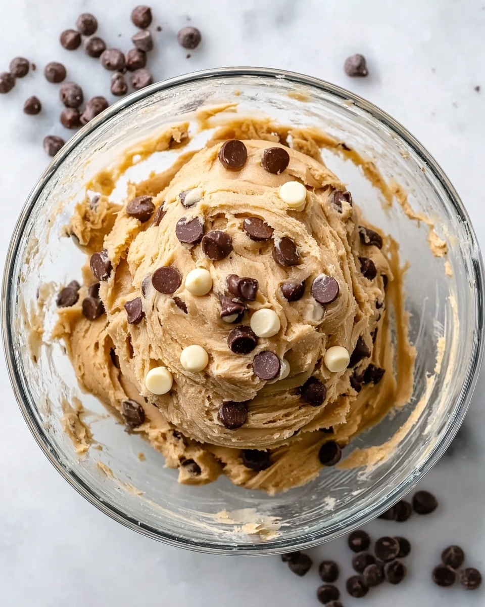 A stack of five thick cookies sits on a black wire rack over a white marbled surface. Each cookie is golden brown with a soft, slightly cracked texture and is filled with chunks of dark and white chocolate, small red and green candy pieces scattered throughout. The top cookie has a bite taken out of it, showing a soft, chewy inside with melted chocolate chunks visible. The cookies are round and slightly puffy, with colorful candy pieces adding a festive look. Photo taken with an iphone --ar 4:5 --v 7