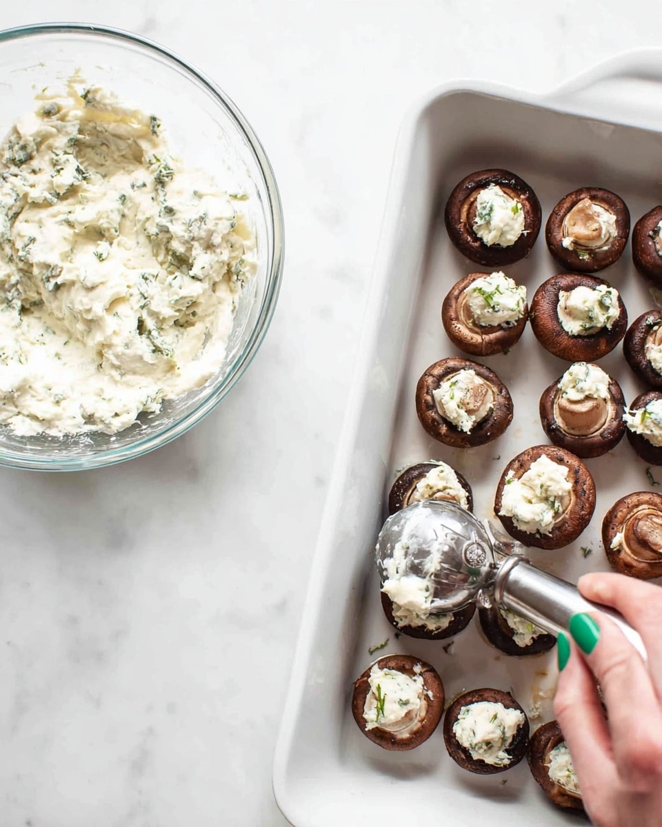 A white rectangular baking dish filled with two rows of small brown mushrooms placed cap side down, some topped with scoops of a creamy white cheese mixture with visible herbs. A woman's hand with long green nails holds a silver ice cream scooper, placing another dollop of the cheese filling on a mushroom. To the left is a clear glass bowl containing more of the white herb cheese mixture. The scene is set on a white marbled surface. photo taken with an iphone --ar 4:5 --v 7