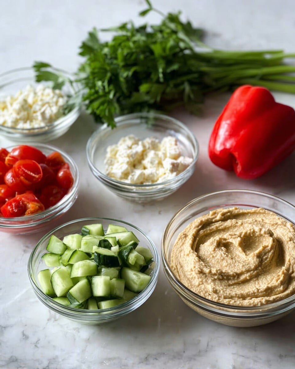 A clear round bowl filled with smooth light beige hummus sits on a white marbled surface, surrounded by other small clear bowls holding layers of diced green cucumber, bright red grape tomatoes, and crumbled white cheese. A fresh green bunch of parsley lies next to the bowls, and a whole red bell pepper is placed nearby. The colors are bright, and the textures range from creamy hummus to crunchy vegetables. Photo taken with an iphone --ar 4:5 --v 7