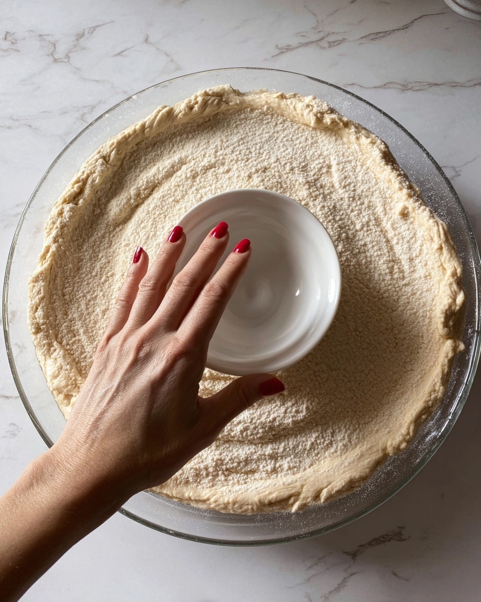 A clear glass plate is covered in a single thick, even layer of light beige dough spread out in a circular shape. In the center, there is a small white bowl placed upside down, with a woman's hand pressing down on the bowl. The hand has red painted nails. The background is a white marbled surface. photo taken with an iphone --ar 4:5 --v 7
