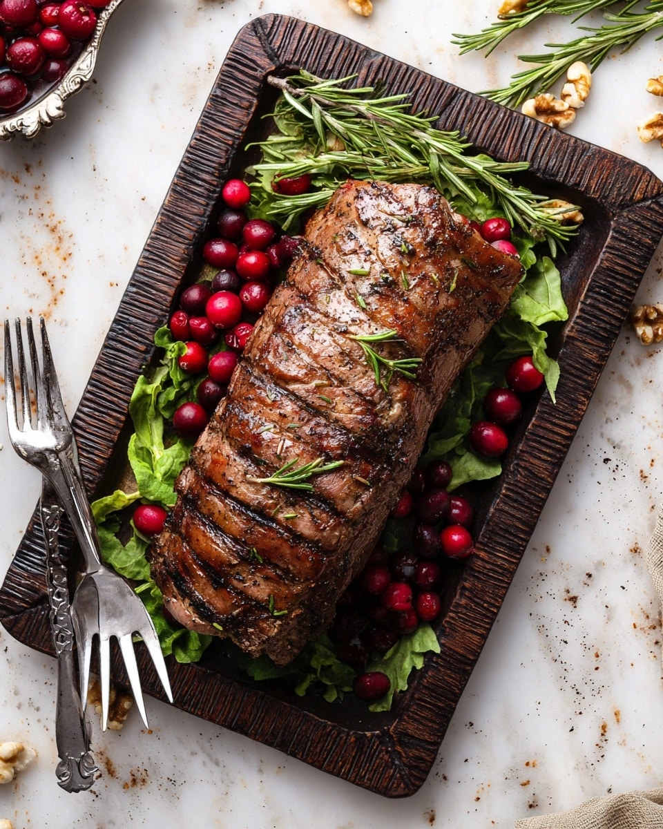 A large piece of red raw meat with visible texture lines sits flat in the center on a black slate board. Around it, several small white bowls and cups hold ingredients: bright red whole cranberries in one, creamy white soft cheese in another, and thin white onion rings in a third. On the top left, a white bowl holds a piece of pale yellow butter, and next to it, a small metal bowl contains light brown chopped walnuts. Two green herbs, one long and leafy and the other short with needle-like leaves, lie near the meat. Below the board, there are small containers of coarse salt, cracked black pepper, and minced pale yellow garlic; a short shallot with light brown skin; a white cup filled with dark balsamic vinegar, and a glass jar with a dark red sauce. The whole setup is on a white marbled surface photo taken with an iphone --ar 4:5 --v 7