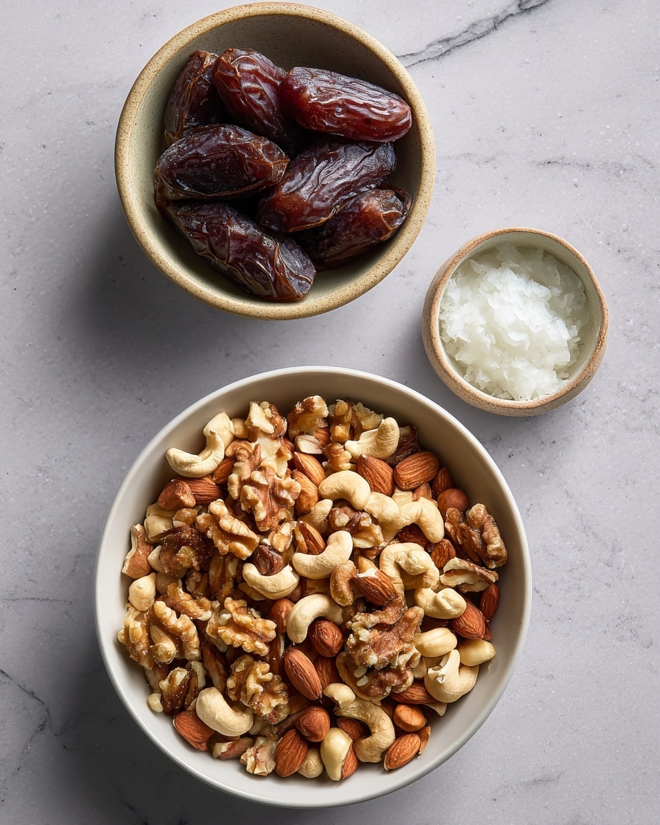 The image shows two parts: on the left are three bowls on a white marbled surface, each holding an ingredient – dark chocolate bars stacked in a white bowl, a brown bowl filled with thick white cream, and a small white bowl with a golden liquid. On the right is a round tart with a golden, crumbly crust filled with smooth, dark brown chocolate filling, placed on a worn metal tray. The tart’s surface is shiny and swirled gently, and the crust edge is evenly crimped. photo taken with an iphone --ar 4:5 --v 7