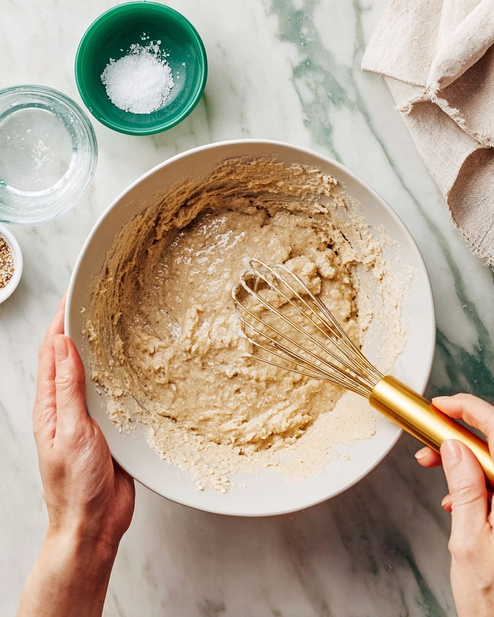 A stack of seven golden-brown pancakes sits in the center of a white plate with a patterned edge, each pancake thick and fluffy with light crispy edges. On top of the stack is a square of melting pale yellow butter, while golden syrup is poured from above, slowly dripping down the sides of the pancakes and pooling around the base. The background is softly blurred, showing a white marbled surface, a jar of blueberries, a plate with crispy bacon, and a white bottle, creating a cozy breakfast setting. photo taken with an iphone --ar 4:5 --v 7