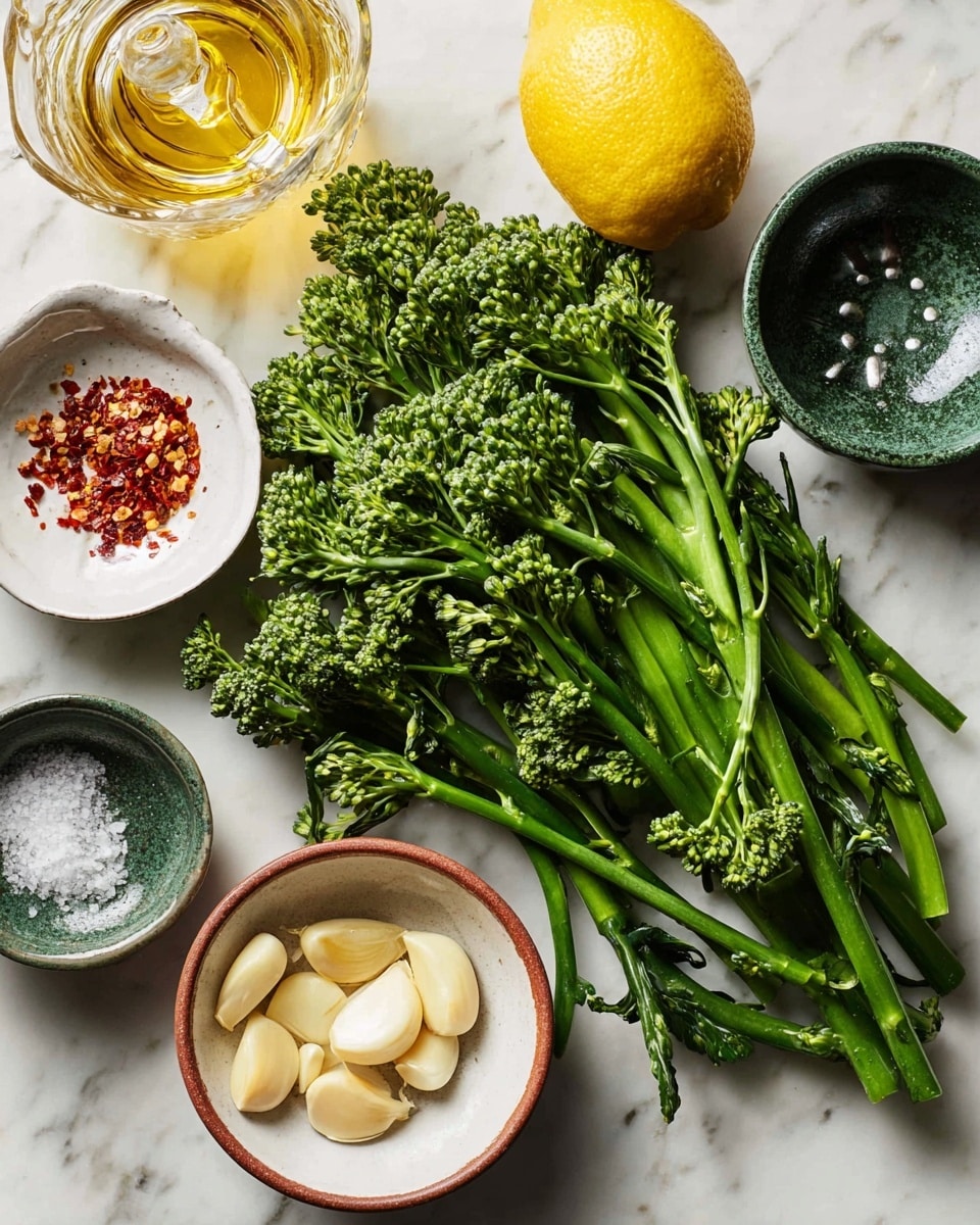 The image shows a black frying pan with a white handle on a white marbled surface. Inside the pan are several bright green broccolini stalks, some curved and some straight, with visible small broccoli florets on top. Scattered among the broccolini are thin, pale slices of garlic and small red chili flakes. Around the pan on the white marbled surface, there is a small white bowl filled with red chili flakes on the left, a small glass jar with golden olive oil in the center, and a clear glass lemon juicer with a half lemon on the right. The scene is bright and clean, highlighting the fresh vegetables and simple ingredients photo taken with an iphone --ar 4:5 --v 7