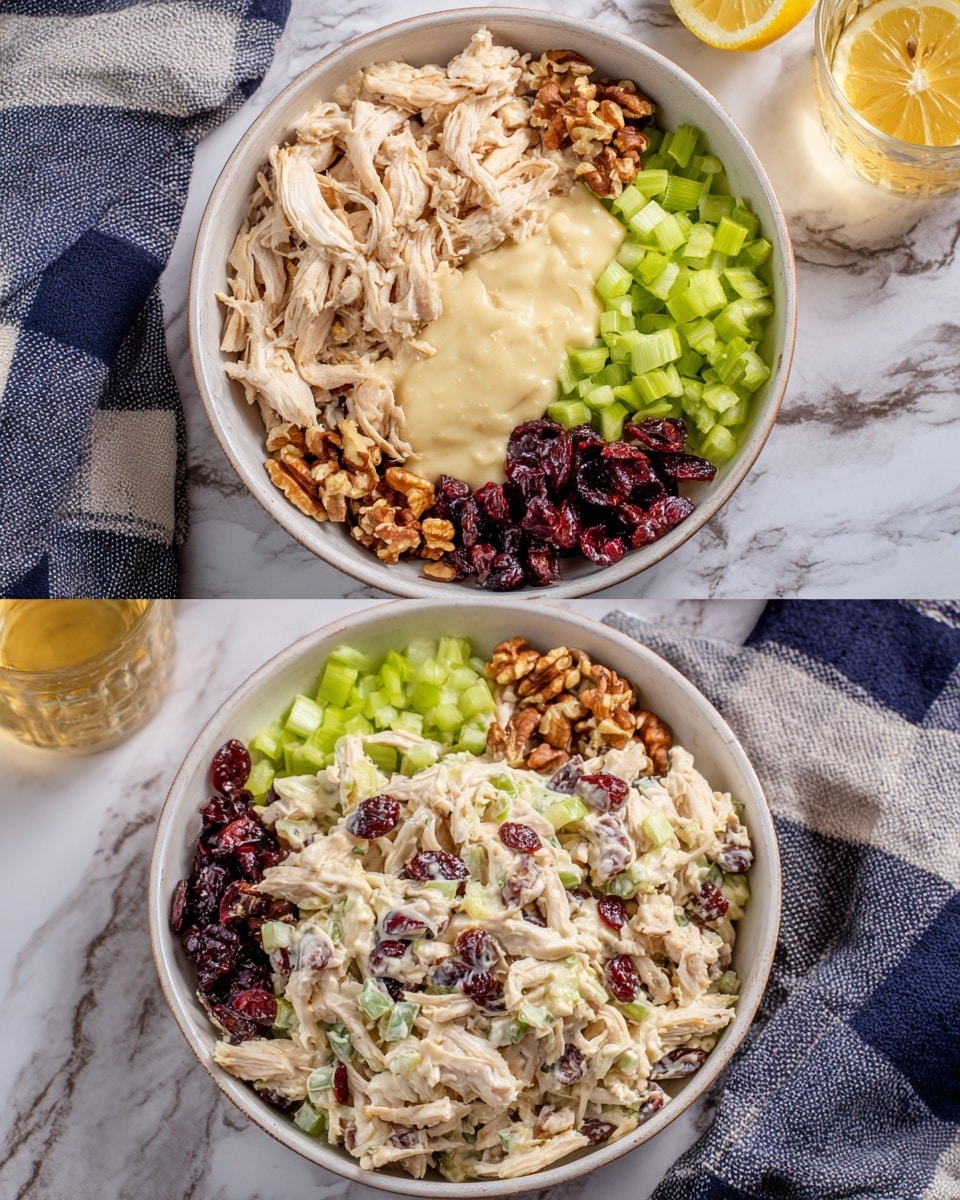 The image shows two white bowls on a white marbled surface with a blue and white checkered cloth near the bottom. The first bowl contains four layers: shredded light beige chicken placed at the top right, chopped light green celery in the bottom left, a small pile of dark red dried cranberries at the bottom right, and chopped brown walnuts on the left. On top of these ingredients, in the center, there is a smooth, creamy pale yellow dressing. A half lemon and a glass of light amber liquid are partly visible near the bowls. The second bowl displays the same ingredients mixed together into a creamy, slightly chunky salad with light beige chicken and creamy dressing evenly spread, dotted with green celery, dark red cranberries, and brown walnuts throughout. Photo taken with an iphone --ar 4:5 --v 7