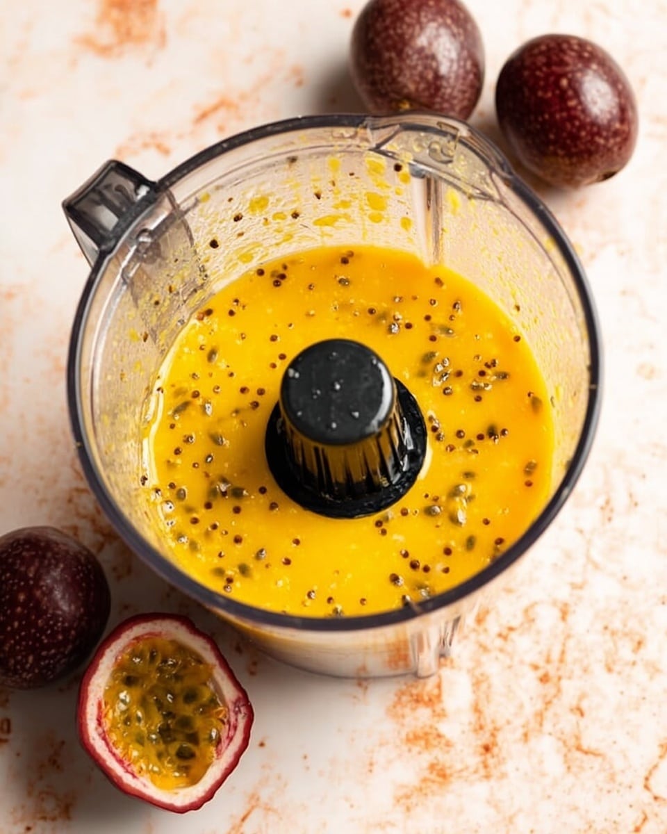 A clear glass blender bowl filled with a smooth, bright yellow-orange liquid that has small black seeds scattered inside and clinging to the sides. The blender’s black plastic center blade cover is visible in the middle, partially coated with the same liquid. Around the blender, on a white marbled surface, are two whole dark reddish-brown passion fruits and one halved passion fruit showing its yellow pulp and black seeds. Photo taken with an iphone --ar 4:5 --v 7