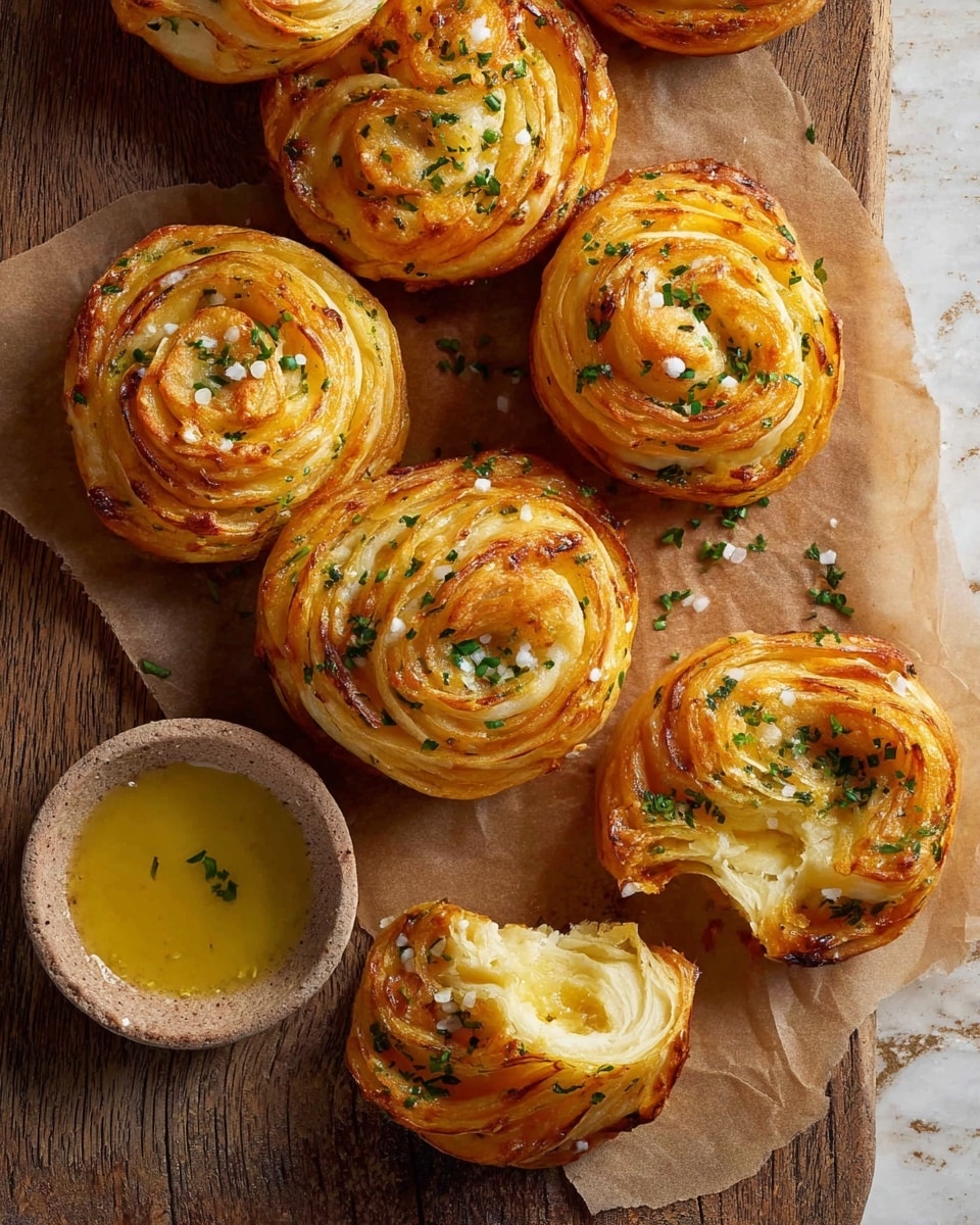 The image shows a close-up of two golden brown pull-apart bread muffins stacked on top of each other on a white marbled surface. The top muffin is pulled open to reveal soft, cheesy layers inside with an orange-yellow color and soft texture. The outer layers of the muffins are lightly crispy with a swirl pattern. Some small bits of green herbs and white garlic pieces can be seen sprinkled on the surface of the muffins. Other similar muffins are blurred in the background. Photo taken with an iphone --ar 4:5 --v 7