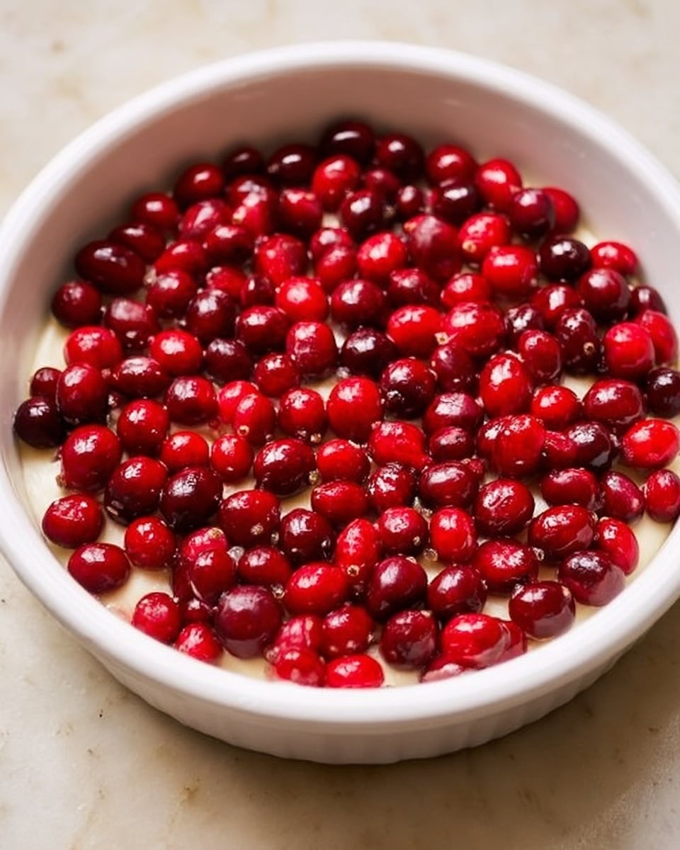 A close-up image shows a white round dish filled with fresh, shiny red cranberries spread evenly in one thick layer. The cranberries are glossy and plump, resting on a creamy white base that lines the inside of the dish. The dish sits on a white marbled surface, giving a clean and fresh look. photo taken with an iphone --ar 4:5 --v 7