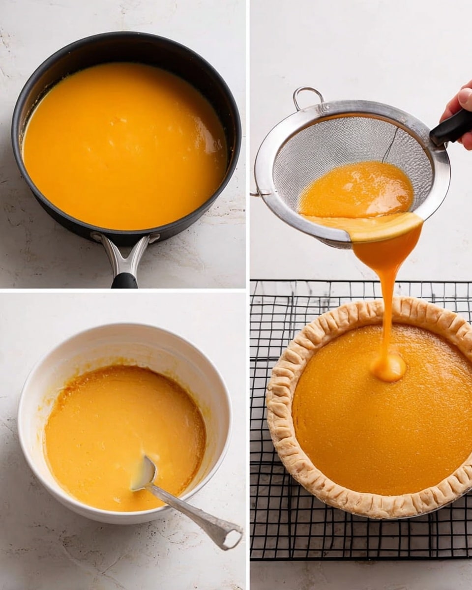 The image shows a three-step process of making pumpkin pie filling. On the left, there is a black pan with smooth, bright orange liquid filling inside. In the middle, a white bowl holds the same orange liquid while a woman's hand holds a fine mesh strainer over it with a spatula stirring the liquid through the strainer. On the right, a white pie crust with a flaky edge sits on a black cooling rack with the orange filling being poured smoothly into the pie crust. The scene is on a white marbled surface. Photo taken with an iphone --ar 4:5 --v 7