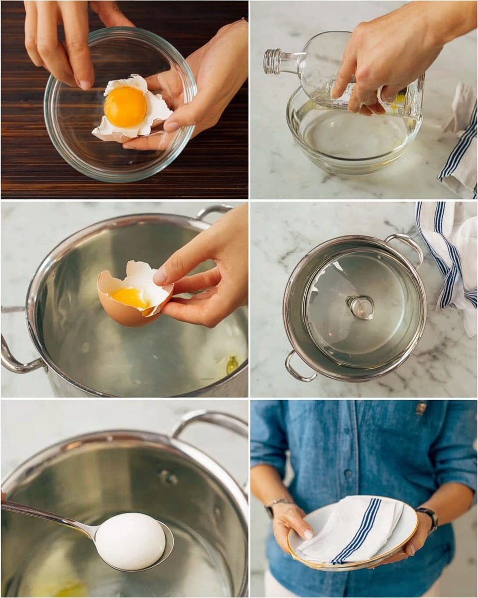A collage of six images showing the process of poaching an egg. The top left image shows a woman's hand cracking an orange yolk egg into a clear glass bowl on a dark wooden surface. The top right image shows a woman's hand pouring a measured amount of vinegar from a clear bottle into a large silver stainless steel pot filled with water, placed on a white marbled surface. The middle left image shows a woman's hand gently lowering the egg in the glass bowl into the boiling water in the pot. The middle right image shows a woman lifting the lid of the silver pot, wearing a blue shirt. The bottom left image shows a ladle scooping out a white poached egg from the pot water with the egg's soft white texture and round shape visible. The bottom right image shows a woman holding a white plate with blue stripes holding a white napkin and the poached egg being served with a spoon. Photo taken with an iphone --ar 4:5 --v 7