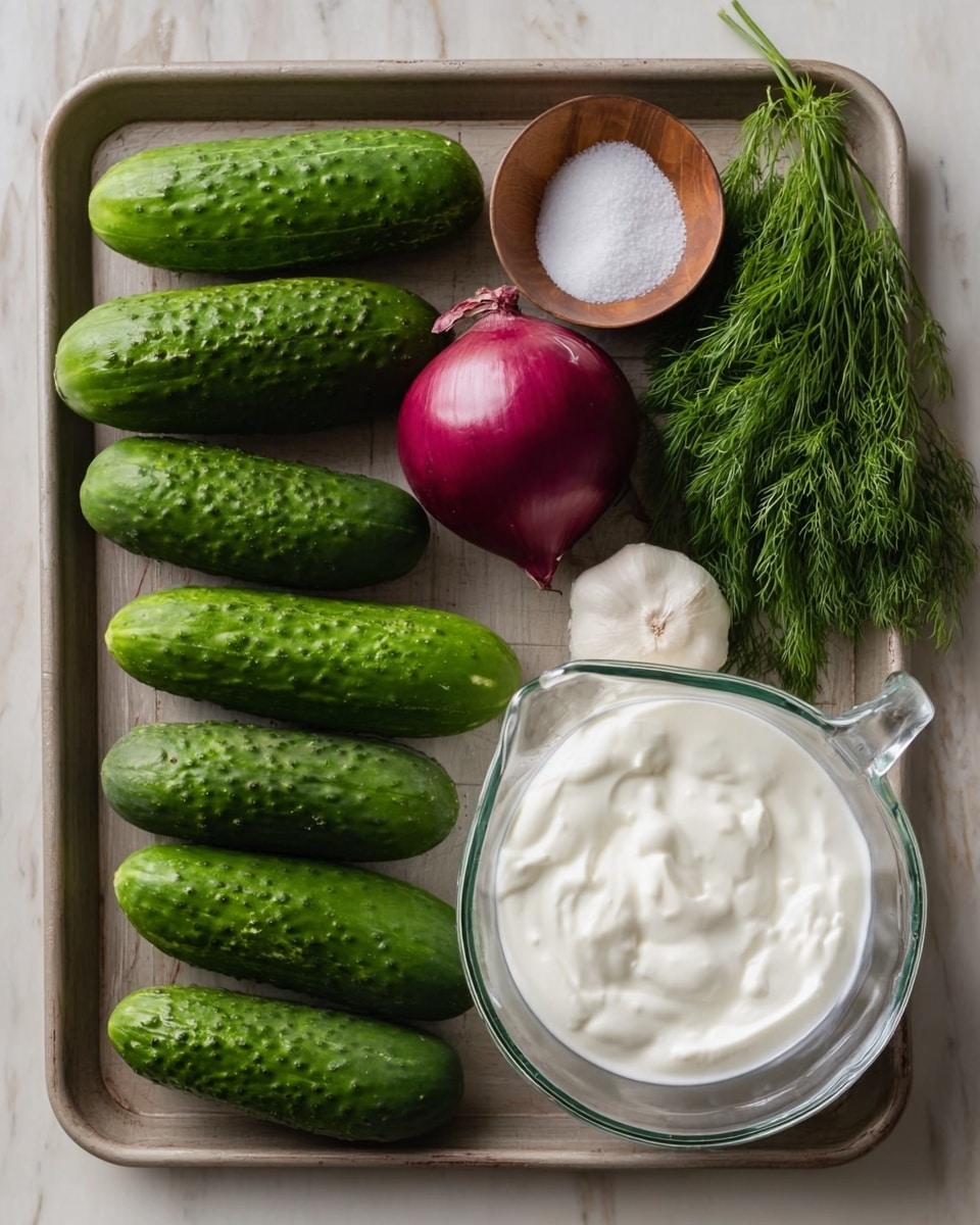 The image shows ingredients neatly placed on a baking tray with a white marbled background. There are eight green cucumbers with bumpy skin arranged on the left side, one deep purple-red onion near the top center, a small bunch of bright green dill at the top right, and a single white garlic clove between the onion and dill. In the middle, there is a clear glass bowl with white creamy sour cream, a small wooden bowl with salt, and a large glass measuring cup filled with thick white yogurt. The whole setup looks fresh and organized. Photo taken with an iphone --ar 4:5 --v 7